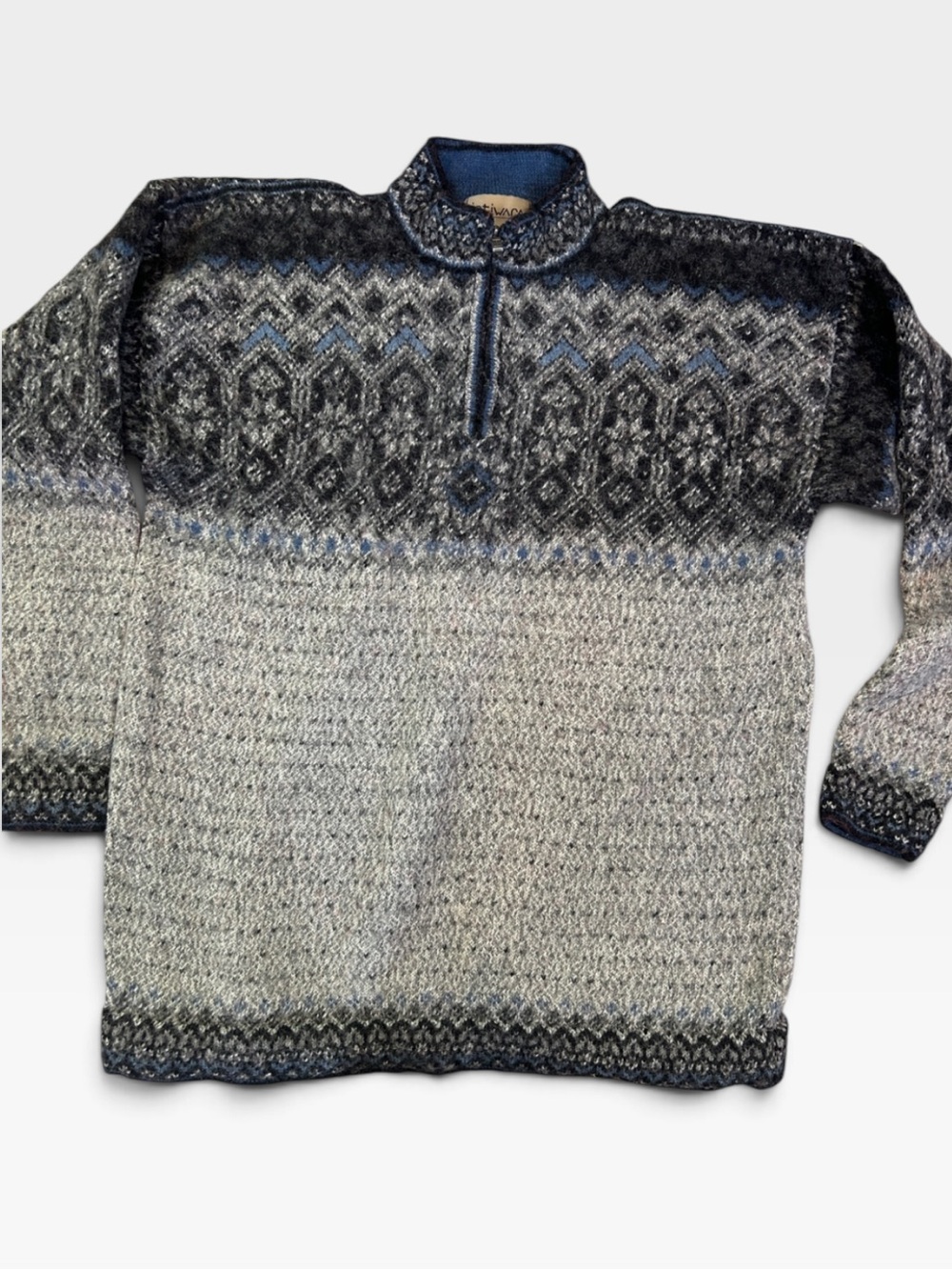 Intiwara  100% Alpaca Gray Nordic Knit Quarter-Zip Sweater large